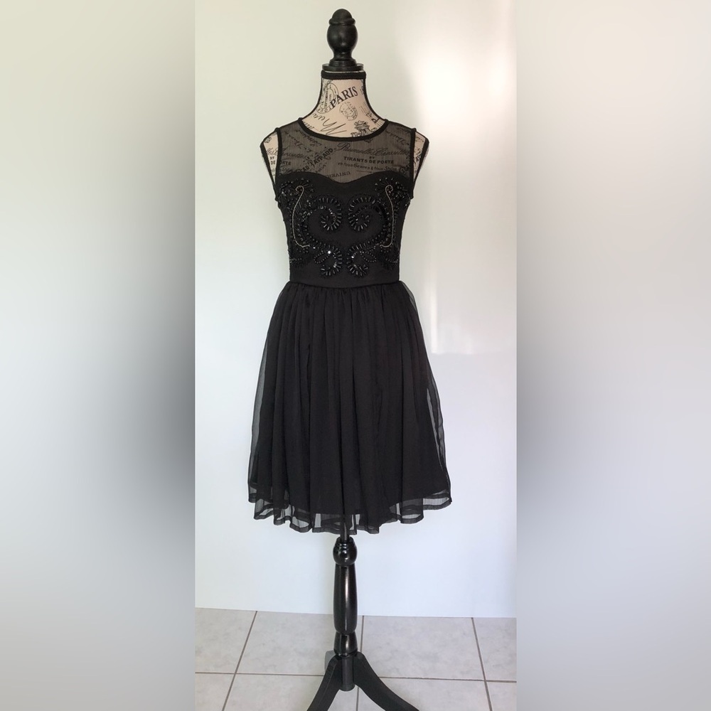 Lady Dutch High Society Black Dress Embellished, Skirt has Sheer Overlay Size XS